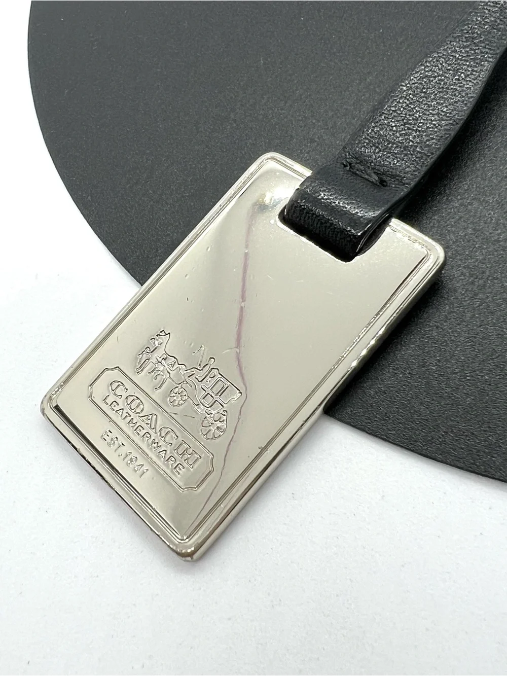 Coach Leatherware Metal Bag Hang Tag Silver Black Leather Key Fob Charm